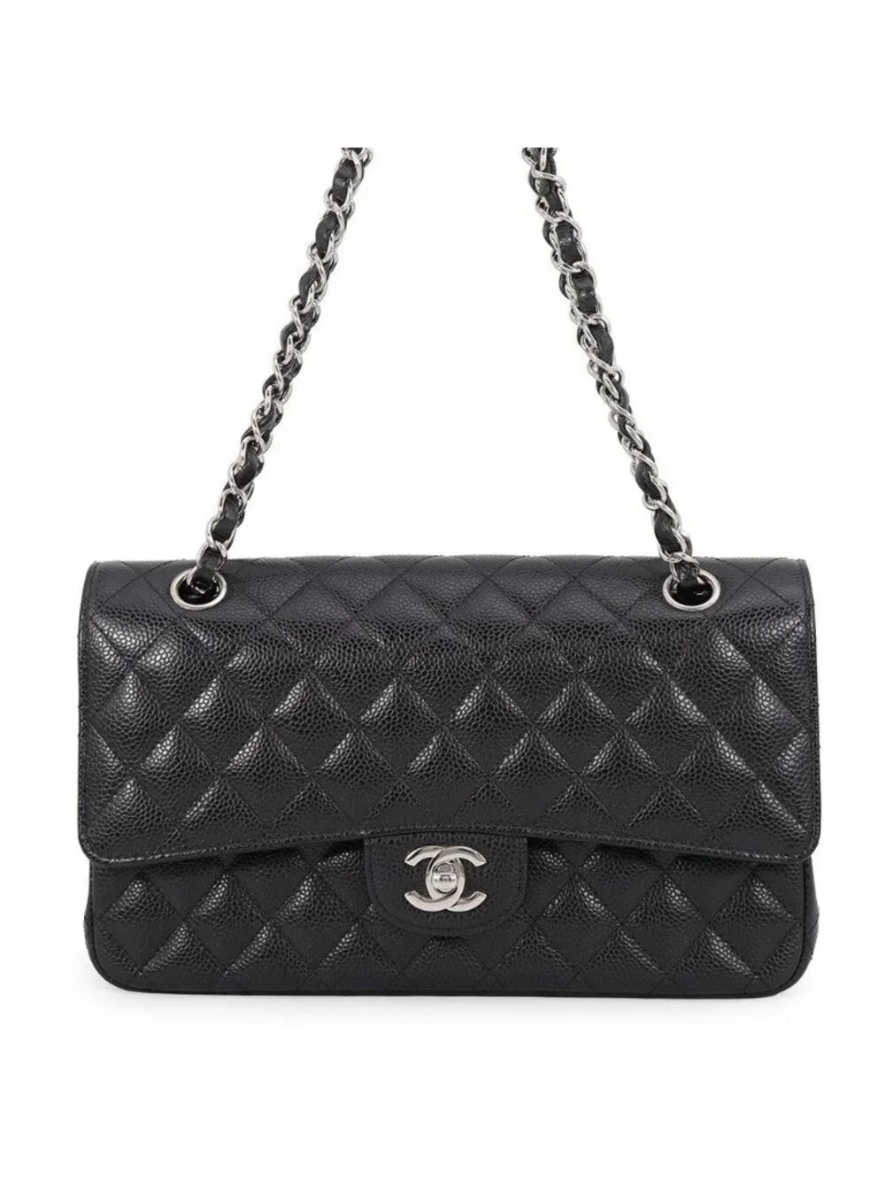 Chanel Chain Shoulder Bag Quilted 25 CC Logo Double Caviar Leather Black